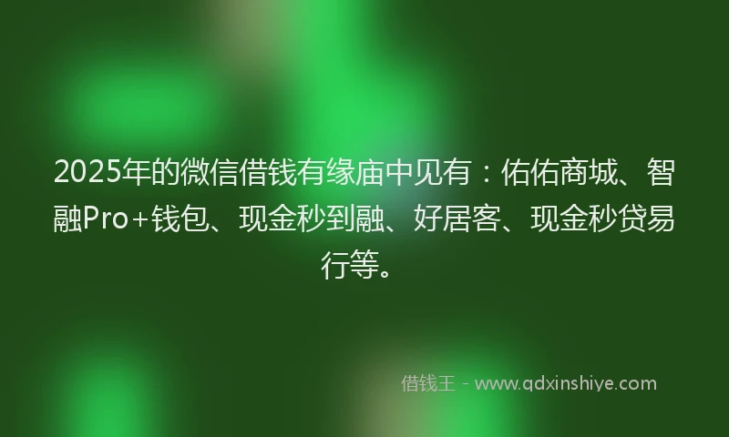 2025年的微信借钱有缘庙中见有：佑佑商城、智融Pro+钱包、现金秒到融、好居客、现金秒贷易行等。