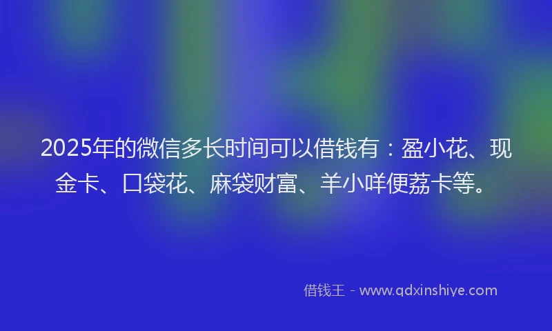 2025年的微信多长时间可以借钱有：盈小花、现金卡、口袋花、麻袋财富、羊小咩便荔卡等。