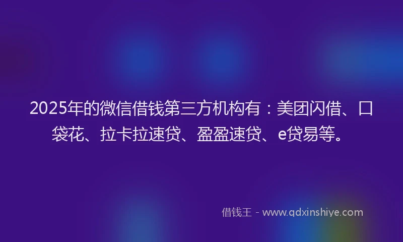 2025年的微信借钱第三方机构有：美团闪借、口袋花、拉卡拉速贷、盈盈速贷、e贷易等。