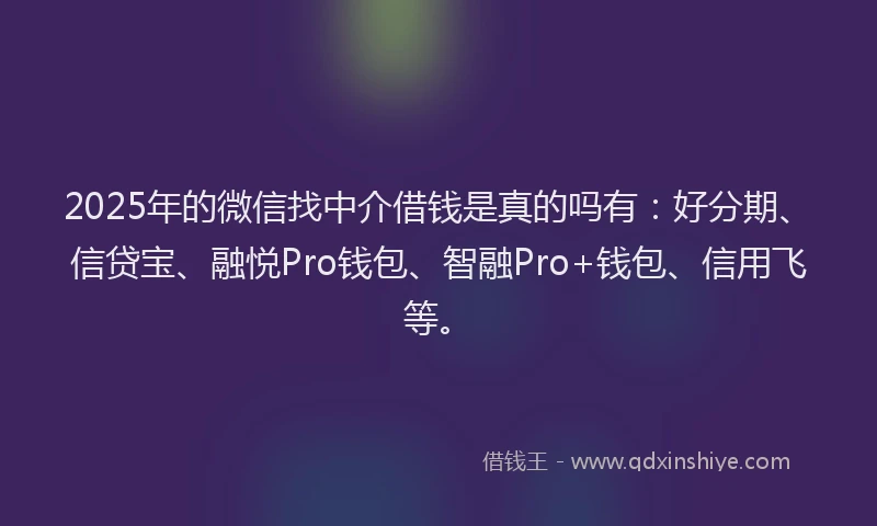 2025年的微信找中介借钱是真的吗有：好分期、信贷宝、融悦Pro钱包、智融Pro+钱包、信用飞等。