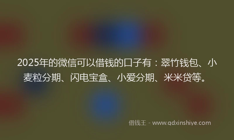 2025年的微信可以借钱的口子有：翠竹钱包、小麦粒分期、闪电宝盒、小爱分期、米米贷等。