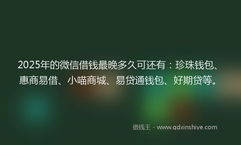 2025年的微信借钱最晚多久可还有：珍珠钱包、惠商易借、小喵商城、易贷通钱包、好期贷等。