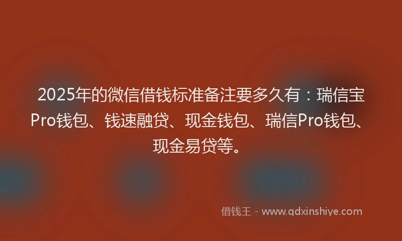 2025年的微信借钱标准备注要多久有：瑞信宝Pro钱包、钱速融贷、现金钱包、瑞信Pro钱包、现金易贷等。