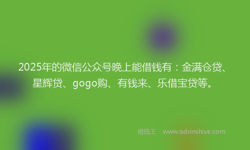 2025年的微信公众号晚上能借钱有:金满仓贷、星辉贷、gogo购、有钱来、乐借宝贷等。