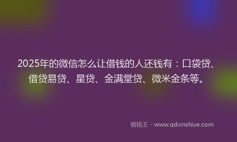2025年的微信怎么让借钱的人还钱有：口袋贷、借贷易贷、星贷、金满堂贷、微米金条等。