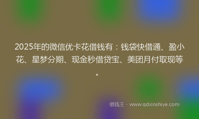 2025年的微信优卡花借钱有：钱袋快借通、盈小花、星梦分期、现金秒借贷宝、美团月付取现等。