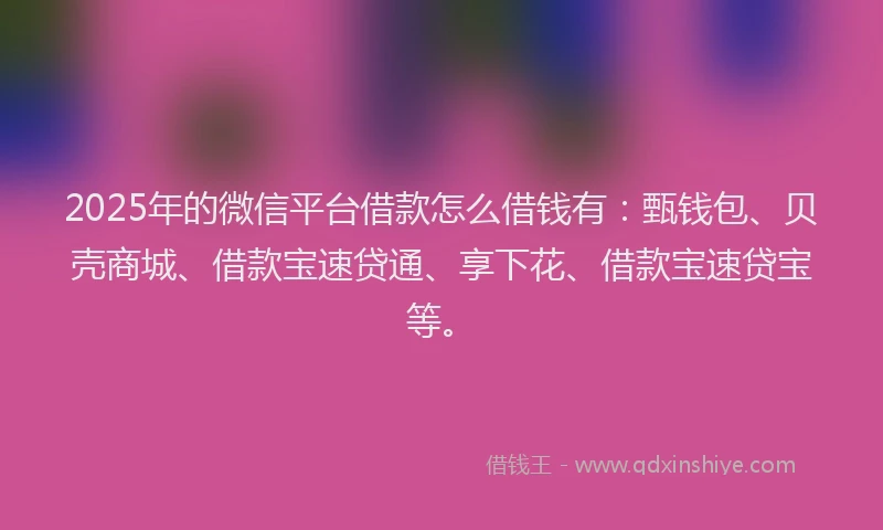 2025年的微信平台借款怎么借钱有：甄钱包、贝壳商城、借款宝速贷通、享下花、借款宝速贷宝等。