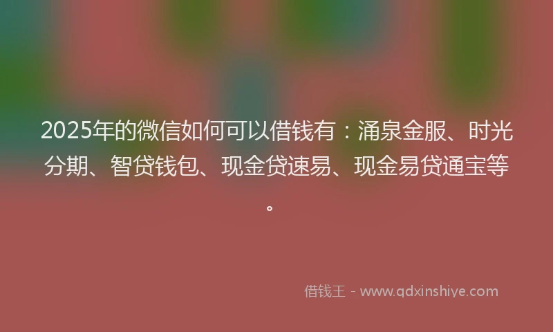2025年的微信如何可以借钱有：涌泉金服、时光分期、智贷钱包、现金贷速易、现金易贷通宝等。