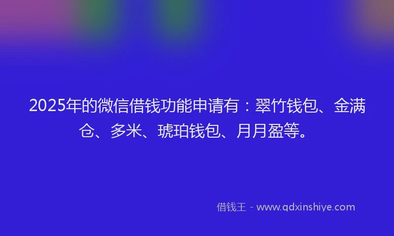 2025年的微信借钱功能申请有：翠竹钱包、金满仓、多米、琥珀钱包、月月盈等。