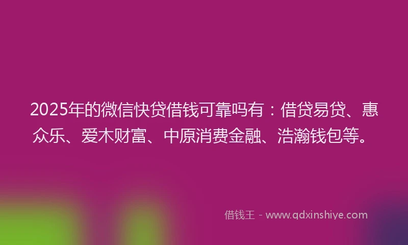 2025年的微信快贷借钱可靠吗有：借贷易贷、惠众乐、爱木财富、中原消费金融、浩瀚钱包等。