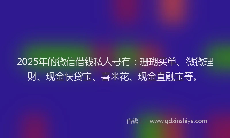 2025年的微信借钱私人号有：珊瑚买单、微微理财、现金快贷宝、喜米花、现金直融宝等。