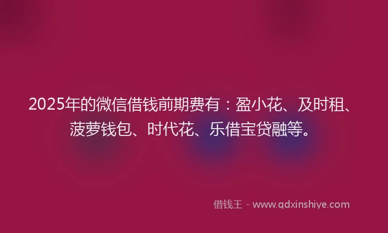 2025年的微信借钱前期费有：盈小花、及时租、菠萝钱包、时代花、乐借宝贷融等。