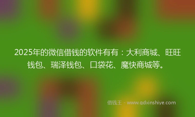 2025年的微信借钱的软件有有：大利商城、旺旺钱包、瑞泽钱包、口袋花、魔快商城等。