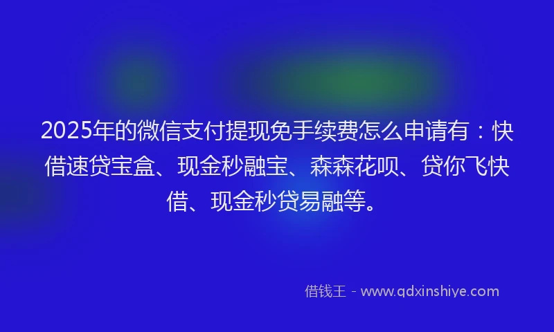 2025年的微信支付提现免手续费怎么申请有：快借速贷宝盒、现金秒融宝、森森花呗、贷你飞快借、现金秒贷易融等。