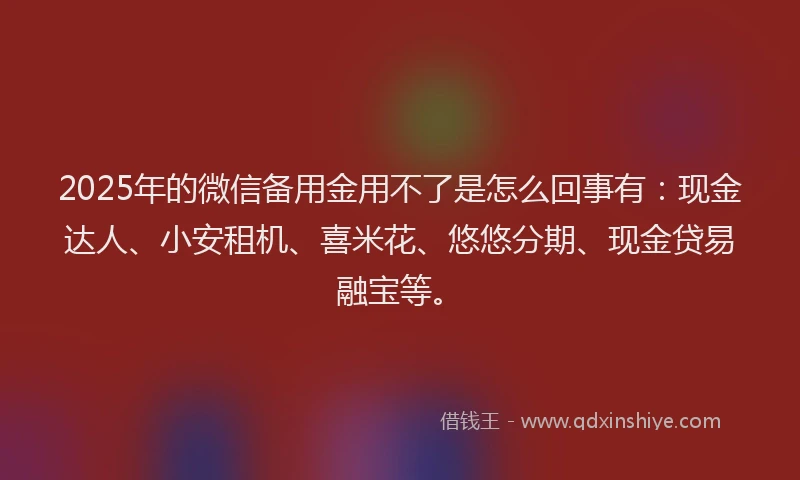 2025年的微信备用金用不了是怎么回事有：现金达人、小安租机、喜米花、悠悠分期、现金贷易融宝等。