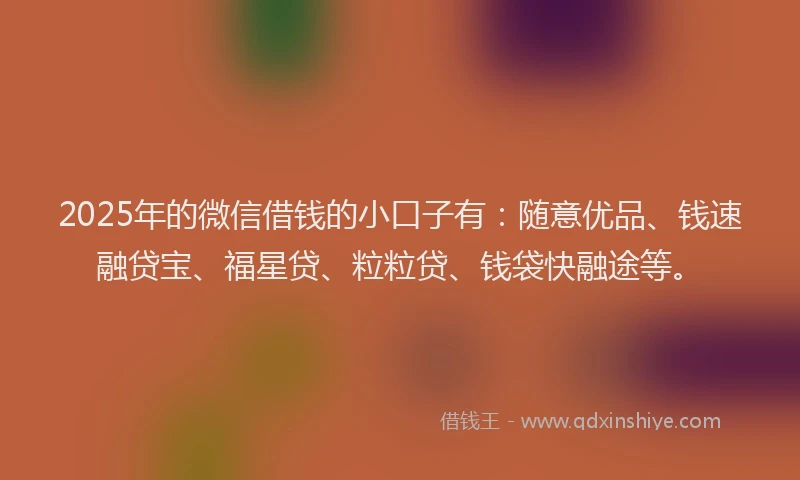 2025年的微信借钱的小口子有：随意优品、钱速融贷宝、福星贷、粒粒贷、钱袋快融途等。