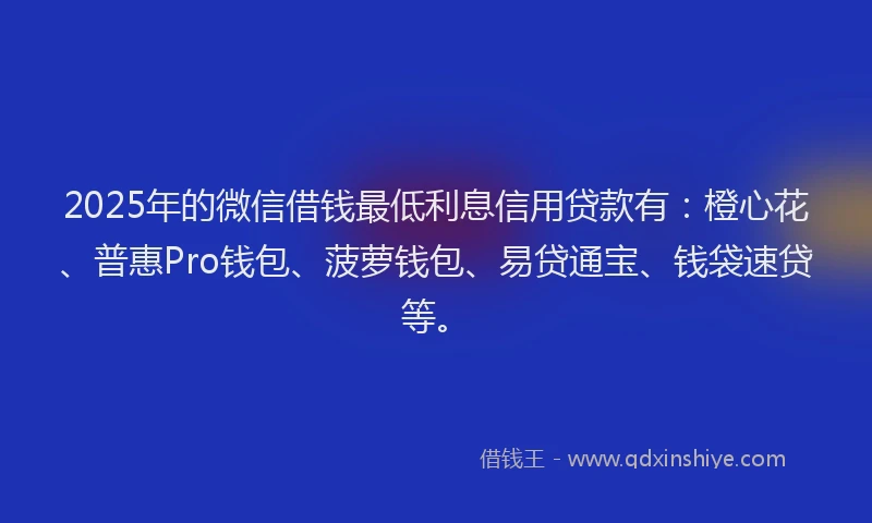 2025年的微信借钱最低利息信用贷款有：橙心花、普惠Pro钱包、菠萝钱包、易贷通宝、钱袋速贷等。