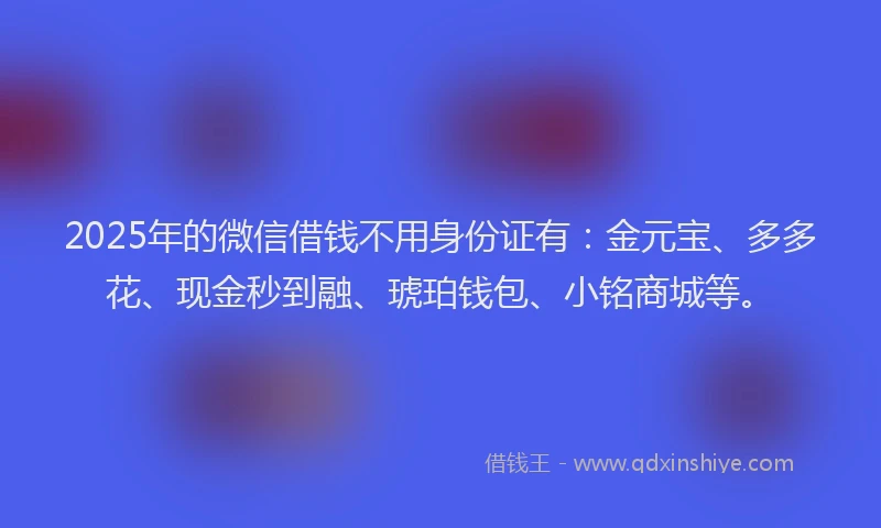 2025年的微信借钱不用身份证有：金元宝、多多花、现金秒到融、琥珀钱包、小铭商城等。