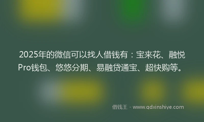 2025年的微信可以找人借钱有：宝来花、融悦Pro钱包、悠悠分期、易融贷通宝、超快购等。