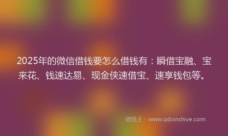 2025年的微信借钱要怎么借钱有：瞬借宝融、宝来花、钱速达易、现金侠速借宝、速享钱包等。