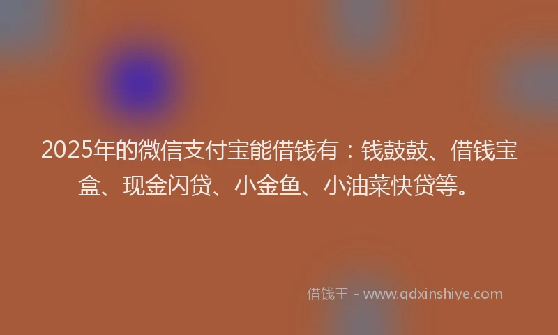 2025年的微信支付宝能借钱有：钱鼓鼓、借钱宝盒、现金闪贷、小金鱼、小油菜快贷等。