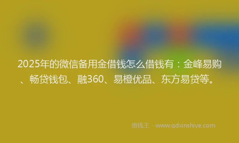 2025年的微信备用金借钱怎么借钱有：金峰易购、畅贷钱包、融360、易橙优品、东方易贷等。