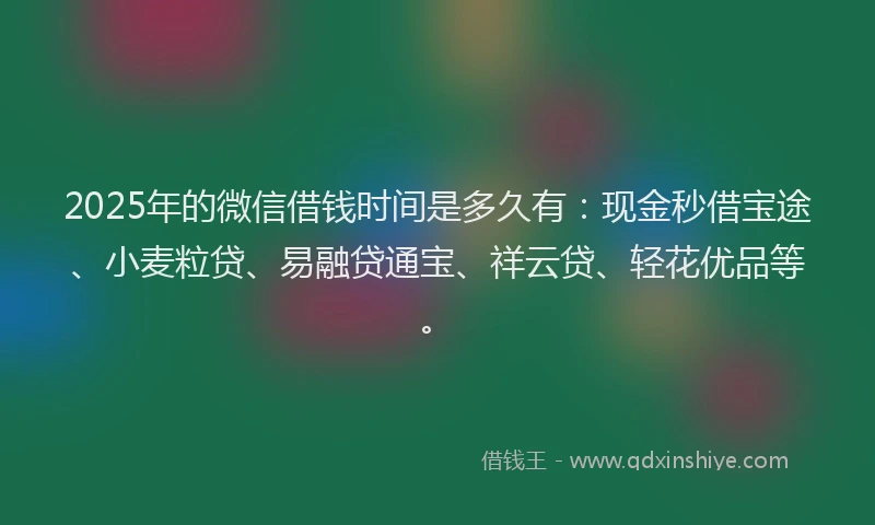 2025年的微信借钱时间是多久有：现金秒借宝途、小麦粒贷、易融贷通宝、祥云贷、轻花优品等。