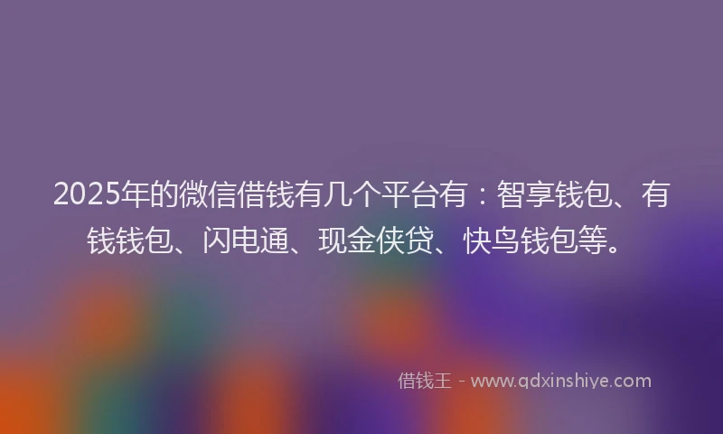 2025年的微信借钱有几个平台有：智享钱包、有钱钱包、闪电通、现金侠贷、快鸟钱包等。