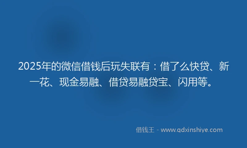 2025年的微信借钱后玩失联有：借了么快贷、新一花、现金易融、借贷易融贷宝、闪用等。