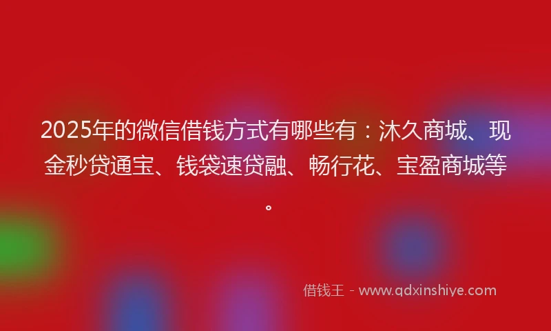 2025年的微信借钱方式有哪些有：沐久商城、现金秒贷通宝、钱袋速贷融、畅行花、宝盈商城等。