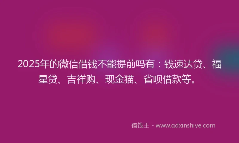 2025年的微信借钱不能提前吗有：钱速达贷、福星贷、吉祥购、现金猫、省呗借款等。