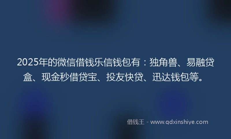 2025年的微信借钱乐信钱包有:独角兽、易融贷盒、现金秒借贷宝、投友快贷、迅达钱包等。