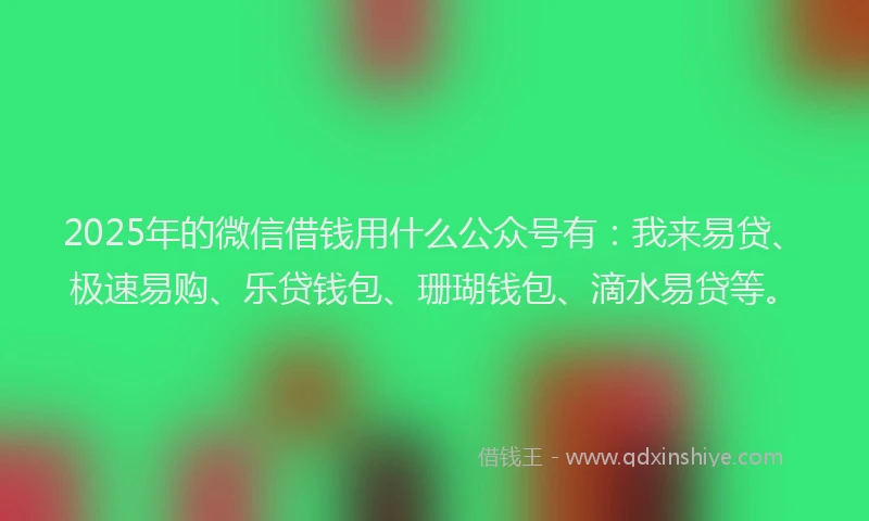 2025年的微信借钱用什么公众号有：我来易贷、极速易购、乐贷钱包、珊瑚钱包、滴水易贷等。