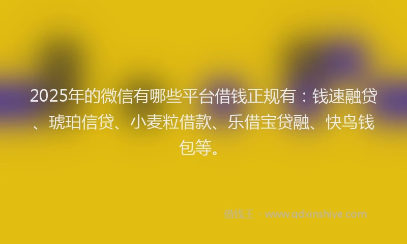 2025年的微信有哪些平台借钱正规有：钱速融贷、琥珀信贷、小麦粒借款、乐借宝贷融、快鸟钱包等。
