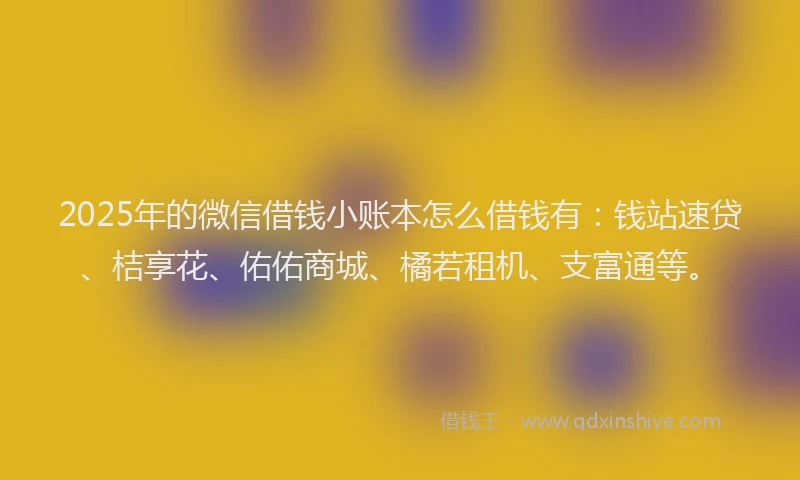 2025年的微信借钱小账本怎么借钱有:钱站速贷、桔享花、佑佑商城、橘若租机、支富通等。