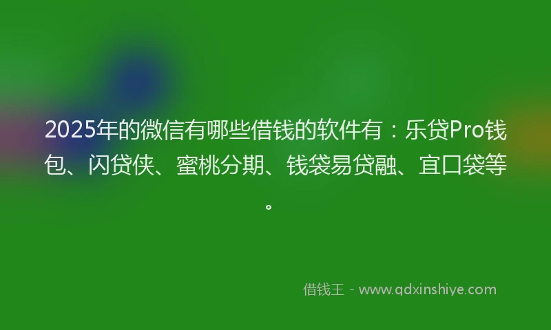 2025年的微信有哪些借钱的软件有：乐贷Pro钱包、闪贷侠、蜜桃分期、钱袋易贷融、宜口袋等。