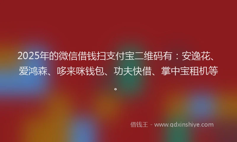 2025年的微信借钱扫支付宝二维码有：安逸花、爱鸿森、哆来咪钱包、功夫快借、掌中宝租机等。