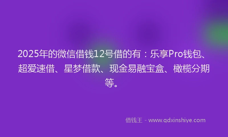 2025年的微信借钱12号借的有：乐享Pro钱包、超爱速借、星梦借款、现金易融宝盒、橄榄分期等。