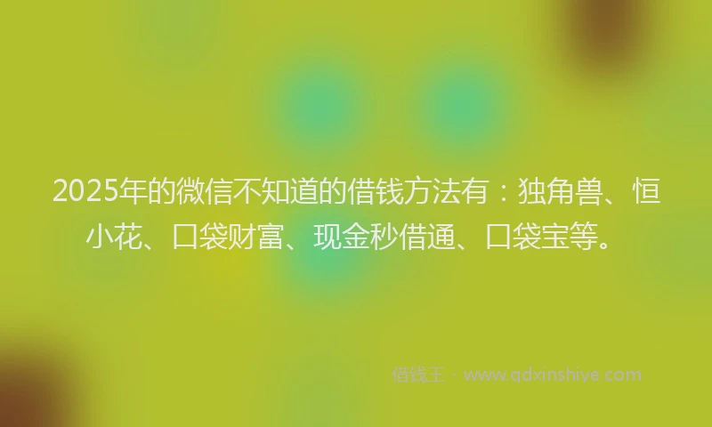 2025年的微信不知道的借钱方法有：独角兽、恒小花、口袋财富、现金秒借通、口袋宝等。