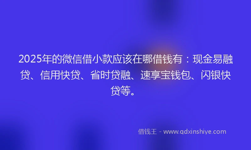 2025年的微信借小款应该在哪借钱有：现金易融贷、信用快贷、省时贷融、速享宝钱包、闪银快贷等。