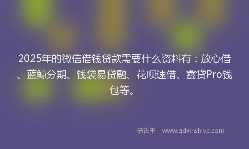 2025年的微信借钱贷款需要什么资料有：放心借、蓝鲸分期、钱袋易贷融、花呗速借、鑫贷Pro钱包等。
