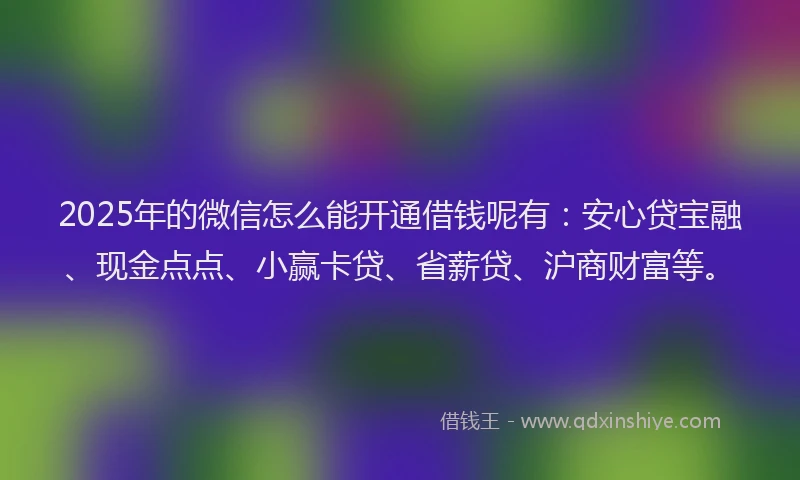 2025年的微信怎么能开通借钱呢有：安心贷宝融、现金点点、小赢卡贷、省薪贷、沪商财富等。