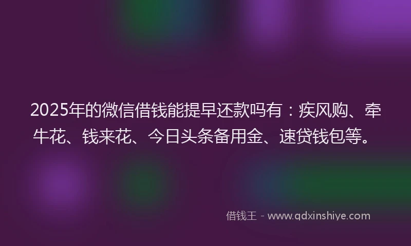 2025年的微信借钱能提早还款吗有：疾风购、牵牛花、钱来花、今日头条备用金、速贷钱包等。