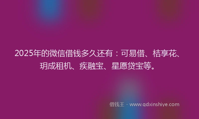 2025年的微信借钱多久还有：可易借、桔享花、玥成租机、疾融宝、星愿贷宝等。