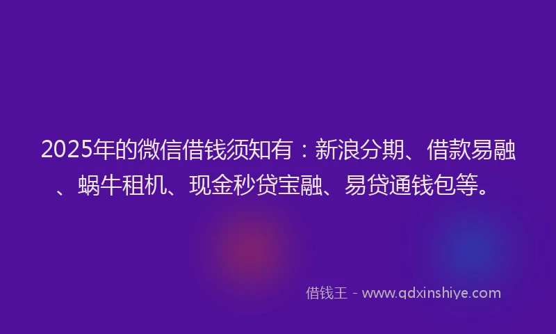 2025年的微信借钱须知有：新浪分期、借款易融、蜗牛租机、现金秒贷宝融、易贷通钱包等。