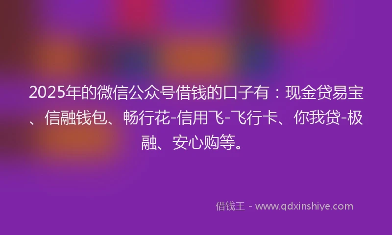 2025年的微信公众号借钱的口子有：现金贷易宝、信融钱包、畅行花-信用飞-飞行卡、你我贷-极融、安心购等。