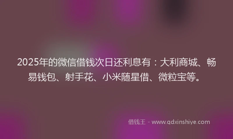2025年的微信借钱次日还利息有：大利商城、畅易钱包、射手花、小米随星借、微粒宝等。