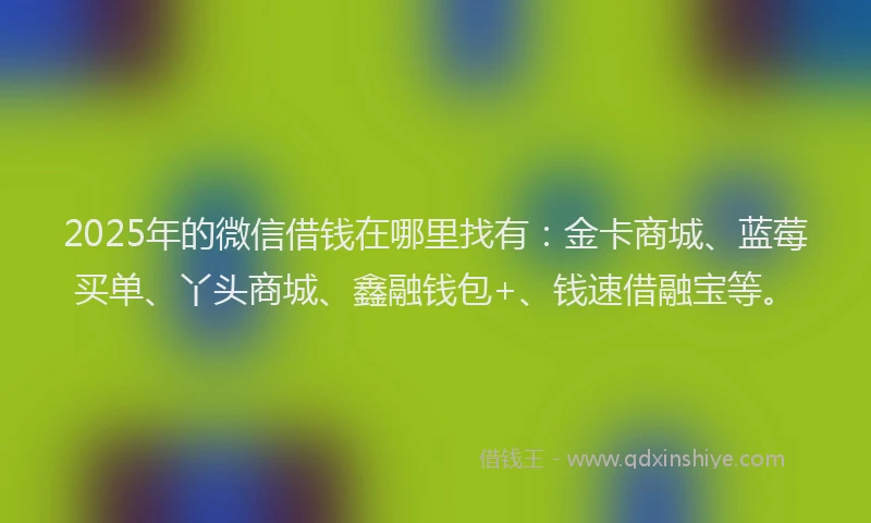 2025年的微信借钱在哪里找有：金卡商城、蓝莓买单、丫头商城、鑫融钱包+、钱速借融宝等。