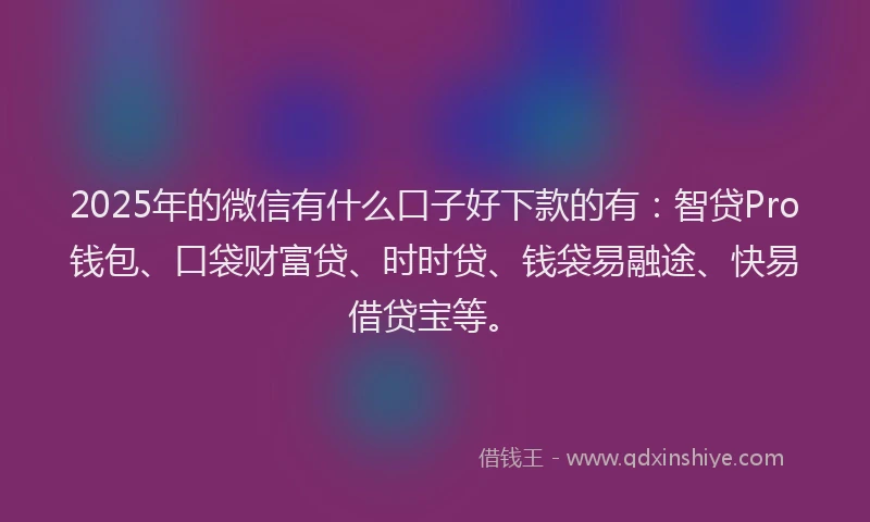 2025年的微信有什么口子好下款的有：智贷Pro钱包、口袋财富贷、时时贷、钱袋易融途、快易借贷宝等。