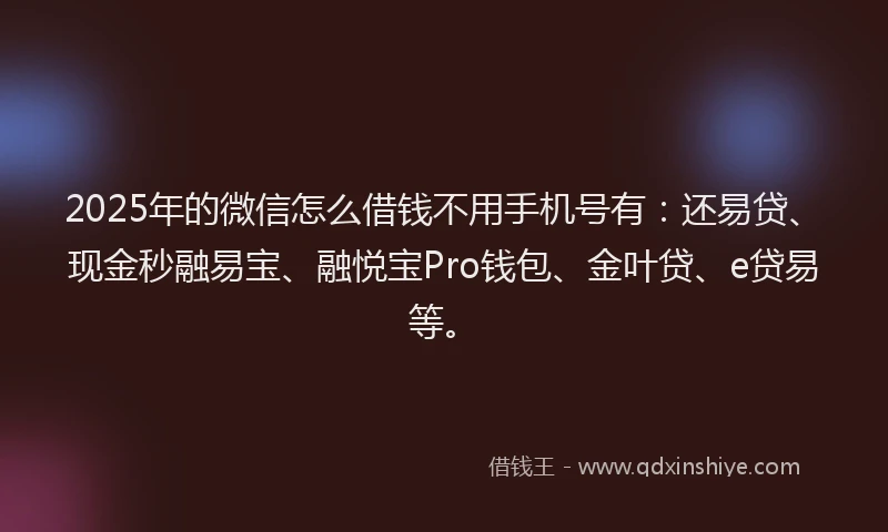 2025年的微信怎么借钱不用手机号有：还易贷、现金秒融易宝、融悦宝Pro钱包、金叶贷、e贷易等。